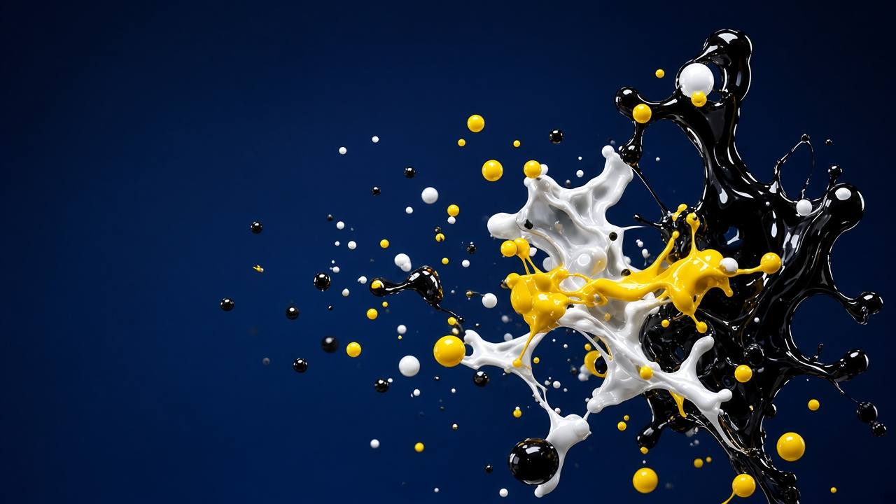 Black, white and yellow ink droplets – CIJ inks and make-up (illustrative)