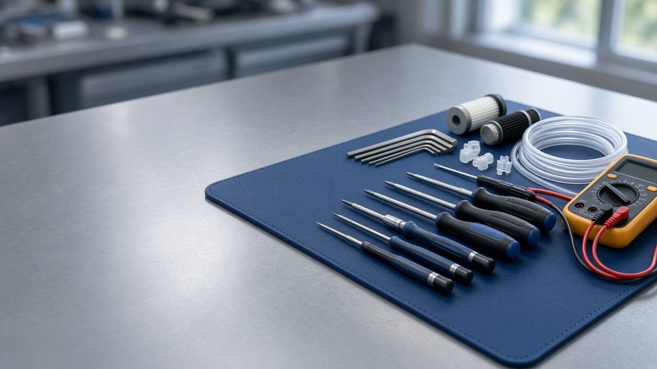 Service workbench with tools and filters – refurbishment of CIJ printers (illustrative)